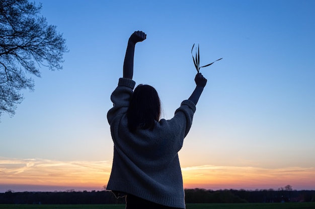 silueta, de, un, mujer, en, ocaso, en, un, campo, contra, el, cielo, vista trasera