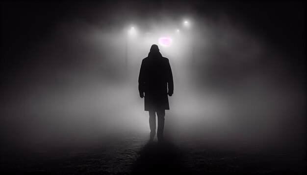 Silueta oscura de pie en la niebla caminando solo al aire libre generada por IA
