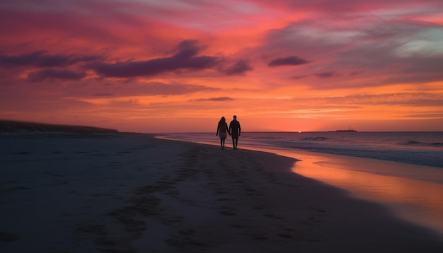 Foto gratuita silueta de pareja caminando en la playa al atardecer generada por ia