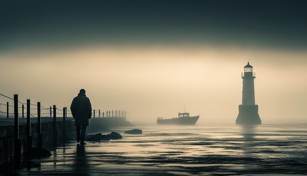 Foto gratuita silueta de una persona navegando hacia el atardecer generada por ia