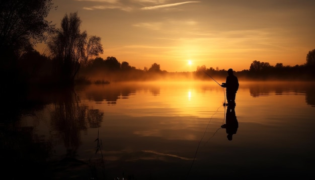 Silueta de un pescador capturando peces al anochecer generada por IA