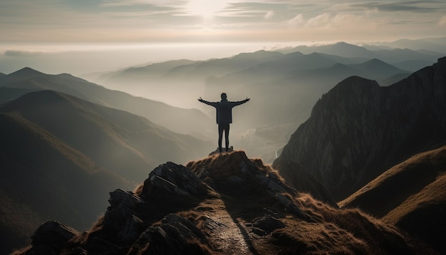 Foto gratuita silueta de pie victoriosa en la cima del pico generado por ia