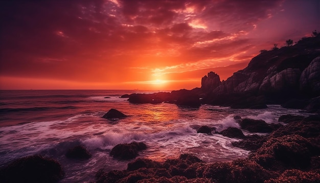 Foto gratuita silueta de roca en la orilla de aguas tranquilas generada por ia