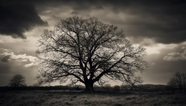 Foto gratuita silueta de tronco de árbol espeluznante y solitaria generada por ia