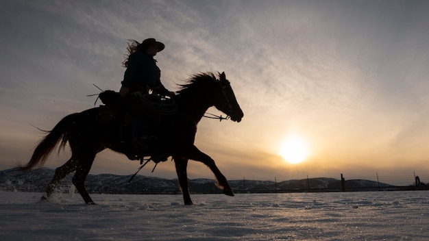 silueta, de, vaquera, en, un, caballo