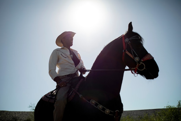 Silueta de vaquero con caballo contra luz cálida