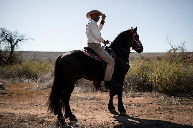 Silueta de vaquero con caballo contra luz cálida