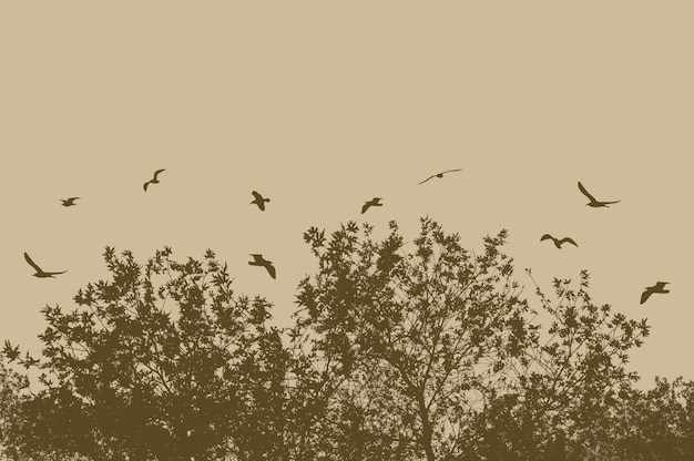 Siluetas de árboles y ramas con pájaros volando sobre un fondo beige