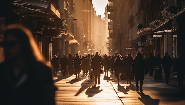 Foto gratuita las siluetas corren por las concurridas calles de la ciudad al atardecer generadas por ia