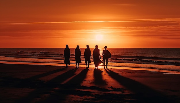 Foto gratuita siluetas de familias caminando por la playa generadas por ia