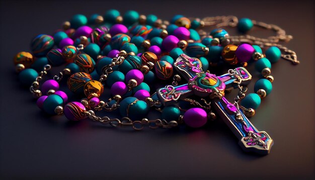Símbolo del cristianismo brilla en collar de cuentas de rosario católico generado por IA