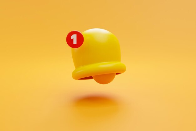 Símbolo de notificación de alerta de señal de recordatorio de mensaje amarillo de campana amarilla sobre fondo amarillo representación 3D