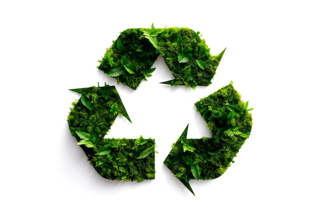 Símbolo de reciclaje en la naturaleza verde aislado sobre fondo blanco.