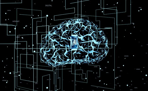 Sistema de Inteligencia Artificial utilizando código de lenguaje complejo. Modelo de programación de redes neuronales de aprendizaje profundo que resuelve operaciones utilizando potencia computacional masiva, animación de representación 3D