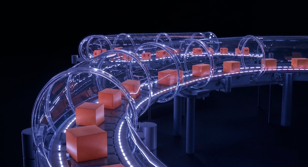 Sistema de transportador futurista con cubos iluminados