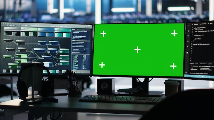 Foto gratuito sistemas de programación visual en pc de pantalla verde en el centro de datos