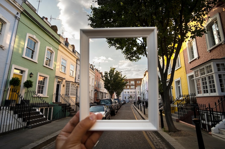 Foto gratuito sitio de visita detrás del marco de fotos