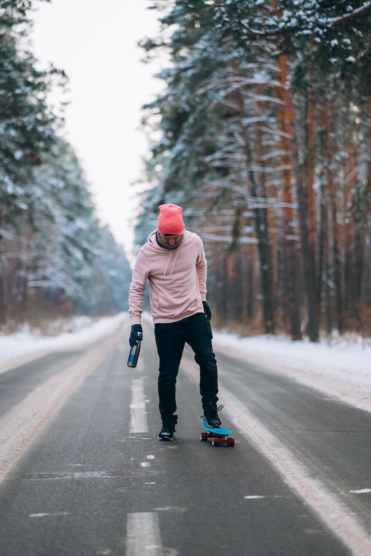 Foto gratuito skater de pie en la carretera en medio del bosque rodeado de nieve