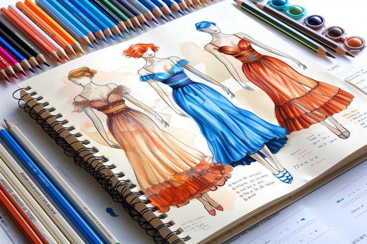 Photo Gratis sketsa desain mode gaya seni digital di atas kertas