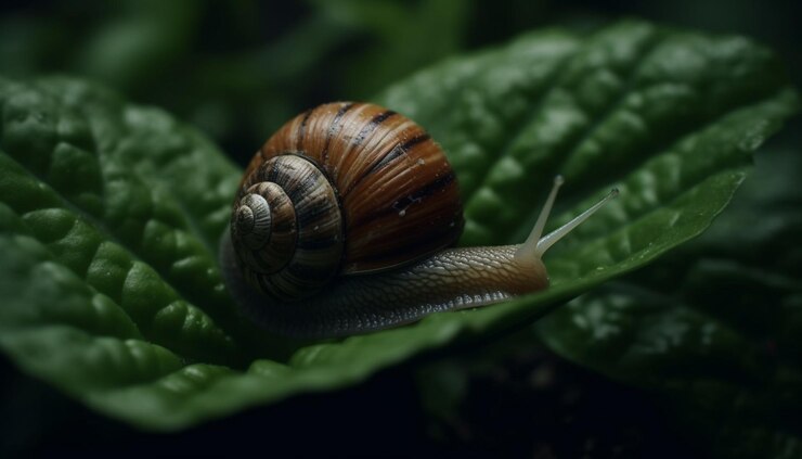 Photo Gratis slimy snail crawling on wet green leaf generated by ai