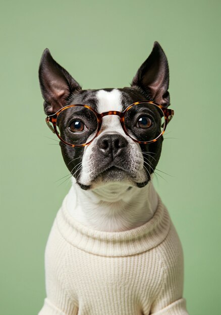 Smart boston terrier wearing glasses