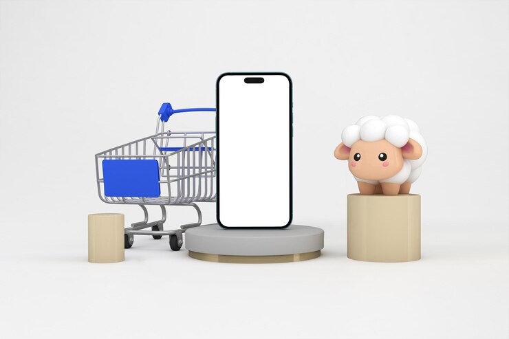 Foto gratuito smartphone y carrito de compras con una oveja para la promoción de comercio electrónico