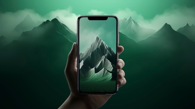 Foto gratuita smartphone en la mano con papel pintado abstracto saliendo de la pantalla