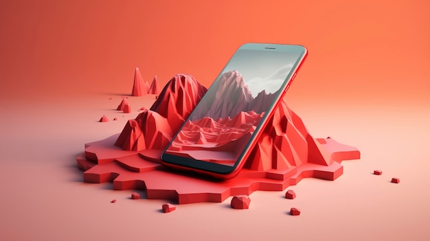 Smartphone modern dengan wallpaper abstrak langsung yang keluar dari layar