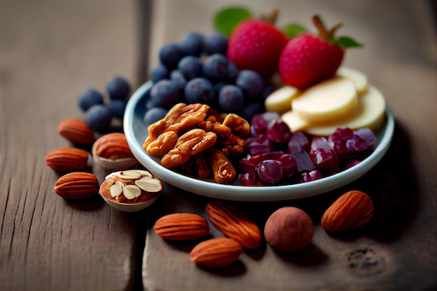 Un snack bowl saludable con IA generativa de frutos secos y bayas