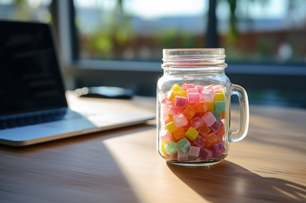 Foto gratuita snacks de proteínas y goma en frasco