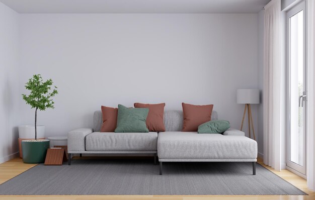 Sofá gris en salón blanco con espacio para copiar