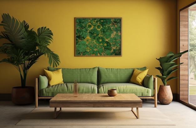 Sofa en una sala de estar decorada con diseño folclórico brasileño