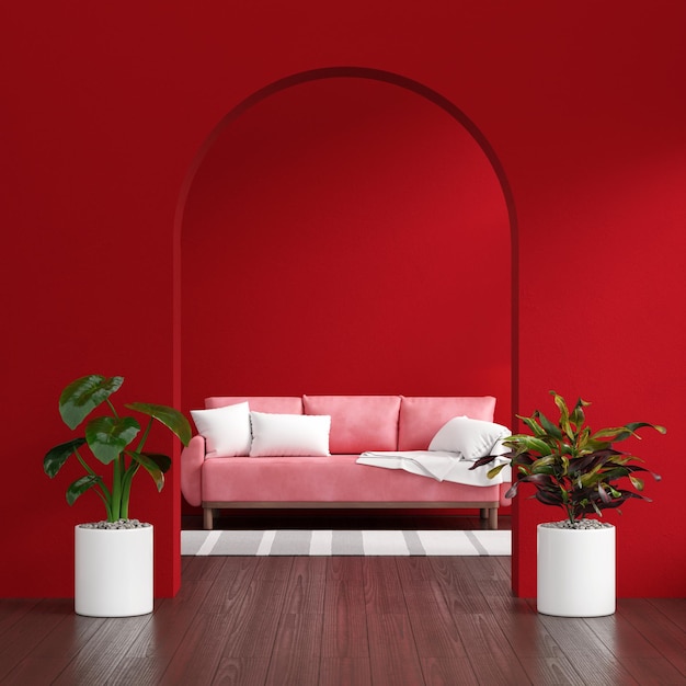 Foto gratuita sofá en salón rojo con espacio de copia para maqueta