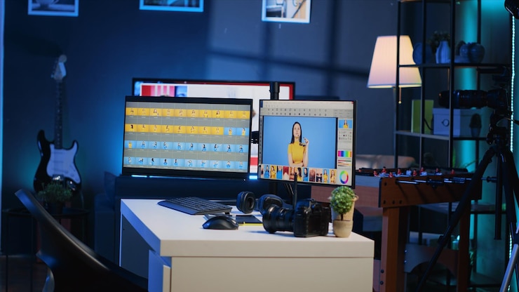 Foto gratuito software de edición de fotos en pantalla de computadora en un estudio vacío utilizado para mejorar las imágenes digitales