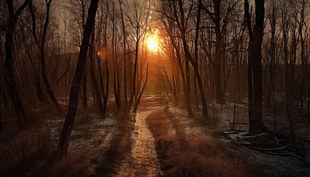 Foto gratuita un sol anaranjado brillante se pone sobre bosques nevados generados por ia