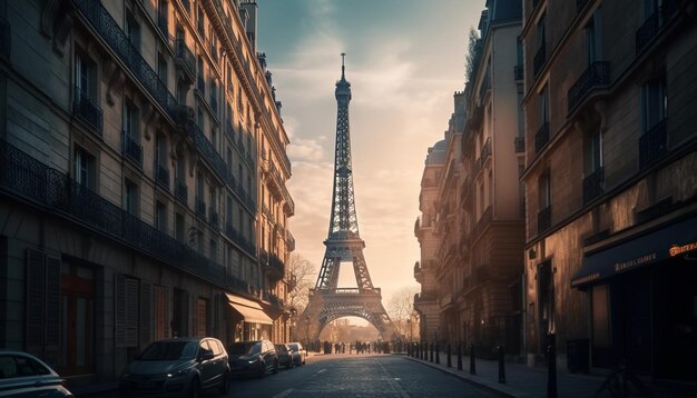 El sol se pone en París, una ciudad histórica generada por IA