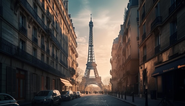 El sol se pone en París, una ciudad histórica generada por IA