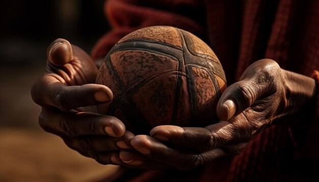 Una sola mano africana sostiene la pelota apuntando a la canasta generada por IA
