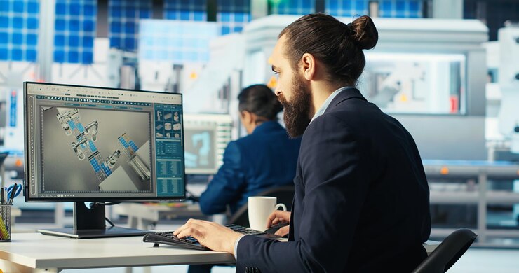 Photo Gratis solar panels plant employee troubleshooting technical issues at computer desk