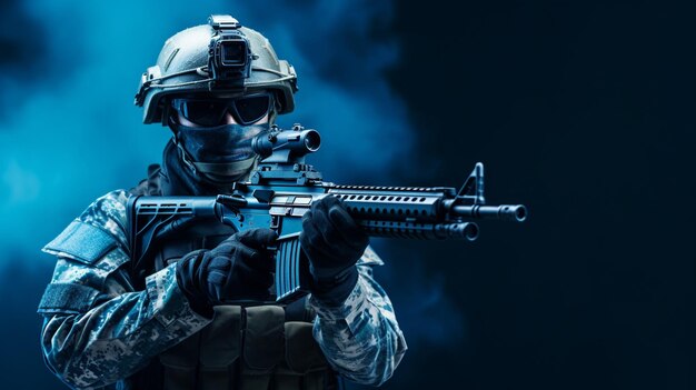 Un soldado con un arma en la mano sobre un fondo azul