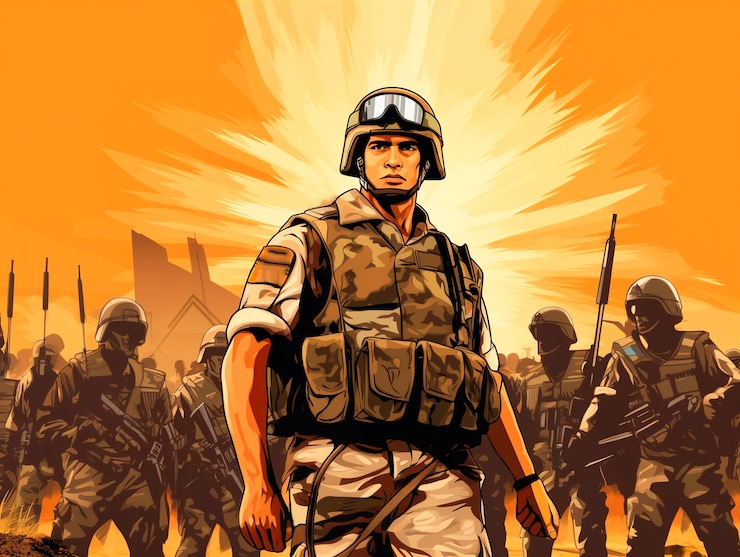 Foto gratuito soldado de dibujos animados con guerra de combate