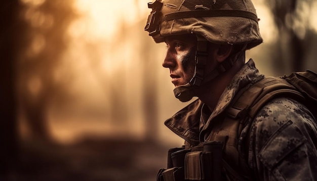 Foto gratuita soldado del ejército sosteniendo un rifle de pie en la naturaleza generado por ia