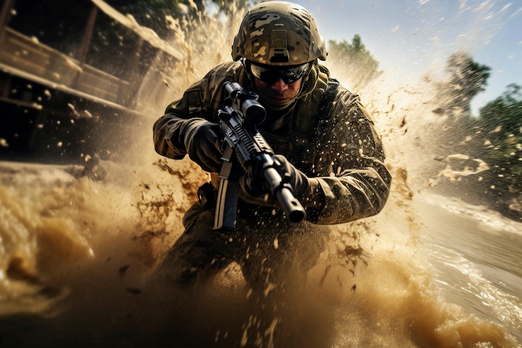 Foto gratuito un soldado con equipo de camuflaje