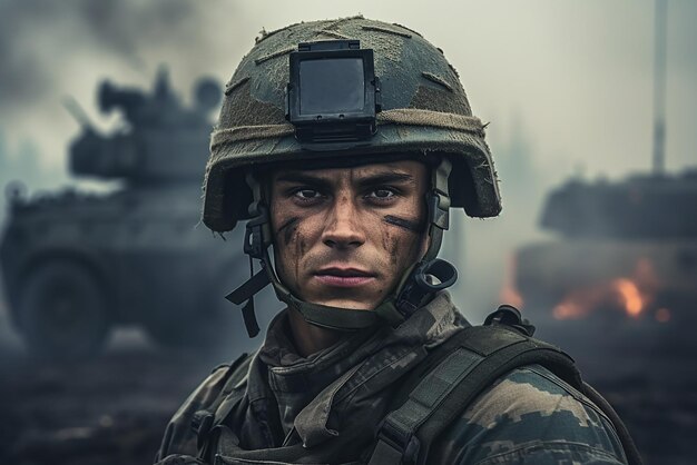 Un soldado junto a un tanque de batalla.