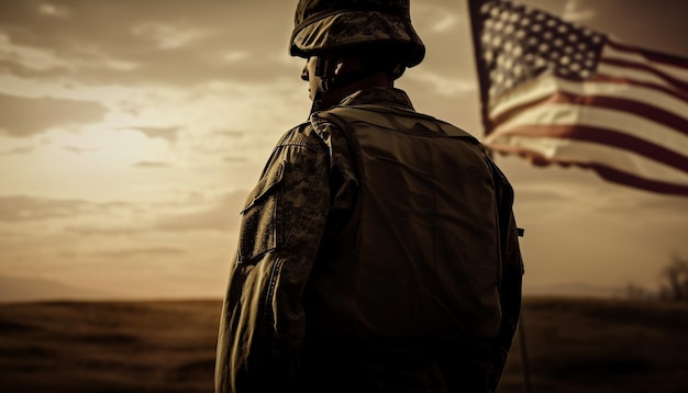Soldado permanente del ejército saluda la bandera estadounidense al atardecer generado por IA