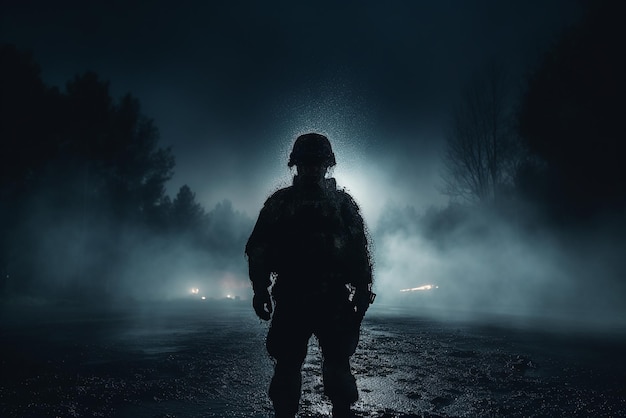 Un soldado solitario de noche bajo la lluvia.