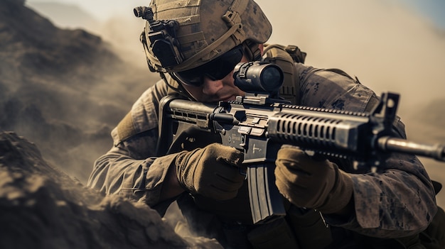 Foto gratuita soldado de tiro medio con arma.