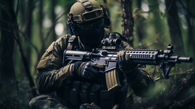 Soldado de tiro medio con arma.