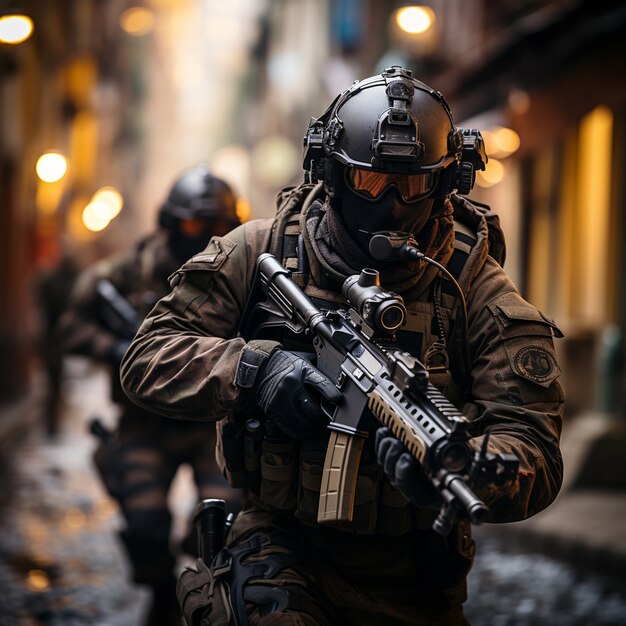 Soldado de tiro medio con arma.