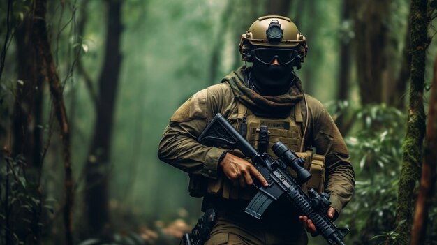 Soldado de tiro medio con arma.